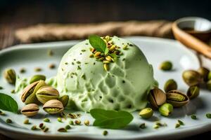 pistachio ice cream with pistachio nuts on a white plate. AI-Generated photo