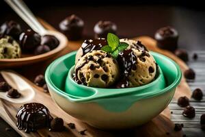 chocolate chip ice cream in a bowl with chocolate chips. AI-Generated photo