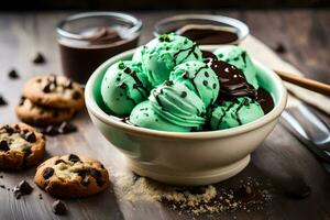 a bowl of green ice cream with chocolate chips. AI-Generated photo