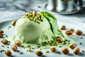 pistachio ice cream with pistachios and almonds. AI-Generated photo