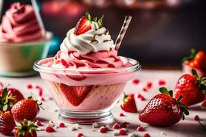 a strawberry sundae with whipped cream and strawberries. AI-Generated photo