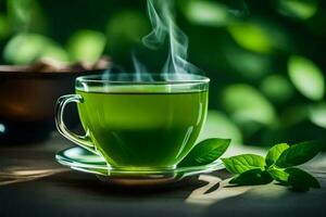 a cup of green tea with a leaf. AI-Generated photo