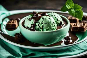 chocolate mint ice cream in a bowl with chocolate chips and mint leaves. AI-Generated photo