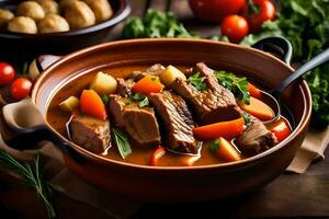 a bowl of beef stew with potatoes and vegetables. AI-Generated photo