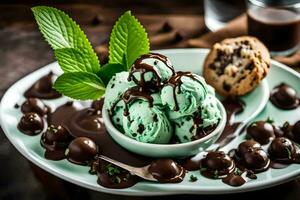 chocolate menta hielo crema con galletas y menta hojas. generado por ai foto