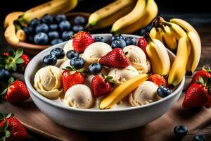 a bowl of ice cream with bananas, blueberries and strawberries. AI-Generated photo