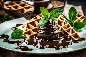 chocolate waffles with chocolate sauce and mint leaves. AI-Generated photo