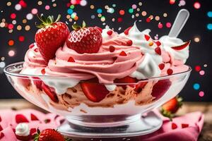 un cuenco de hielo crema con fresas y azotado crema. generado por ai foto