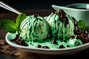 hielo crema con menta y chocolate papas fritas. generado por ai foto