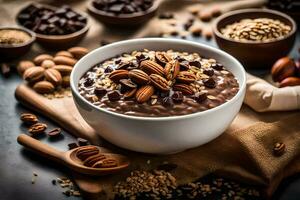 chocolate oats in a bowl with nuts and nuts. AI-Generated photo