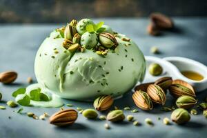 pistachio ice cream with pistachio nuts and mint leaves. AI-Generated photo