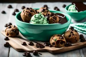 chocolate chip cookie dough ice cream in a bowl with chocolate chips. AI-Generated photo