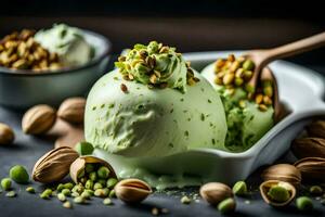 pistachio ice cream with pistachio nuts and a scoop of pistachio ice. AI-Generated photo