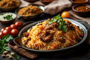 indian food with meat and rice in a black bowl. AI-Generated photo