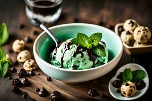 hielo crema con menta hojas y chocolate papas fritas. generado por ai foto