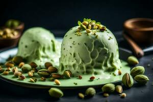 pistachio ice cream with pistachio nuts on a plate. AI-Generated photo