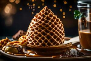 a waffle with chocolate and nuts on a plate. AI-Generated photo