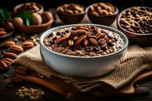 chocolate pecan oatmeal in a bowl. AI-Generated photo