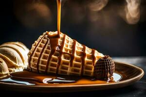 a waffle with caramel sauce being poured over it. AI-Generated photo