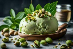 pistachio ice cream with pistachio nuts and a wooden spoon. AI-Generated photo