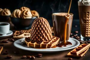 coffee, waffles, and chocolate on a dark background. AI-Generated photo