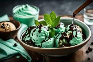 hielo crema con menta y chocolate papas fritas. generado por ai foto