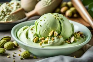 pistachio ice cream with pistachios and almonds. AI-Generated photo