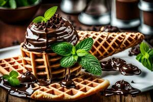 chocolate waffle with mint and chocolate sauce. AI-Generated photo