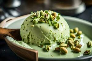 pistachio ice cream in a bowl. AI-Generated photo