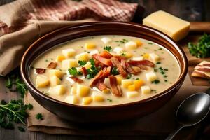 a bowl of potato soup with bacon and cheese. AI-Generated photo