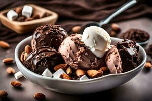 chocolate ice cream in a bowl with almonds and chocolate chips. AI-Generated photo