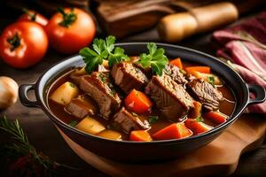 a bowl of beef stew with vegetables and potatoes. AI-Generated photo