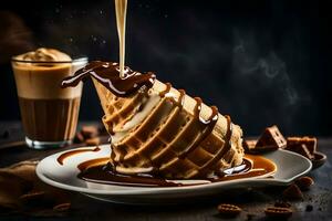 the waffle is being drizzled with caramel and chocolate. AI-Generated photo