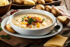 a bowl of potato soup with bacon and cheese. AI-Generated photo