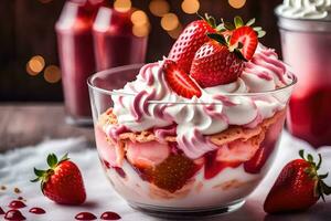 un postre con fresas y azotado crema. generado por ai foto