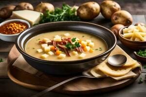 a bowl of soup with potatoes, cheese and herbs. AI-Generated photo