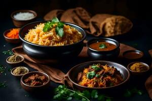 indian food in bowls on a dark table. AI-Generated photo