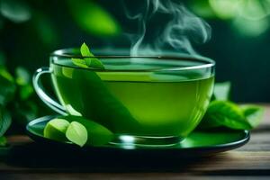 green tea in a cup on a wooden table. AI-Generated photo