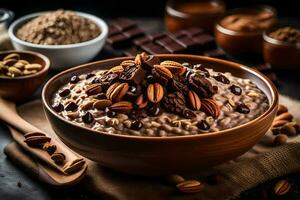 chocolate pecan oatmeal in a bowl. AI-Generated photo