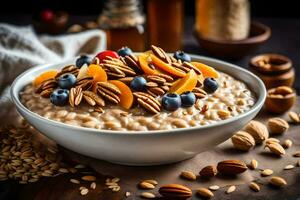 a bowl of oatmeal with nuts and berries. AI-Generated photo