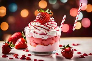 a strawberry sundae with whipped cream and strawberries. AI-Generated photo