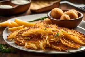 a plate of potato pancakes with potatoes and other ingredients. AI-Generated photo