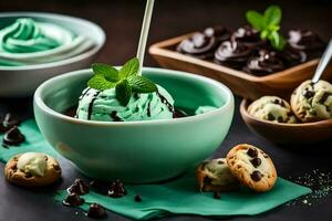 chocolate mint ice cream in a bowl with cookies and mint leaves. AI-Generated photo