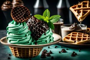 chocolate ice cream with mint and waffles. AI-Generated photo