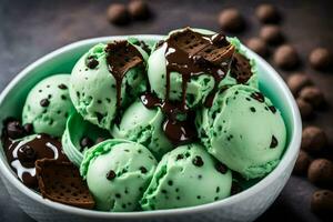 green ice cream with chocolate chips in a bowl. AI-Generated photo