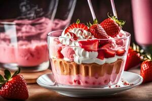 fresas y azotado crema en un vaso. generado por ai foto