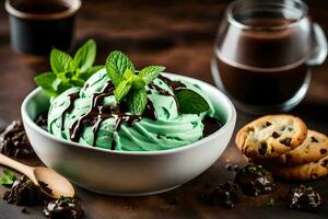 menta chocolate chip hielo crema en un cuenco con menta hojas y chocolate galletas. generado por ai foto
