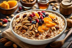 a bowl of oatmeal with nuts and fruits. AI-Generated photo