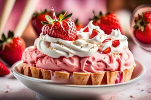 a strawberry cake with whipped cream and strawberries. AI-Generated photo