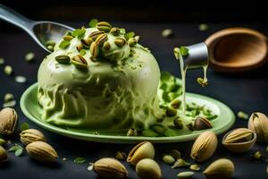 pistacho hielo crema con pistacho nueces en un lámina. generado por ai foto